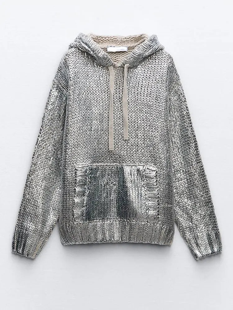 Drune | Schicker Damen Kapuzenpullover mit Metallic Rippbesatz und Folie
