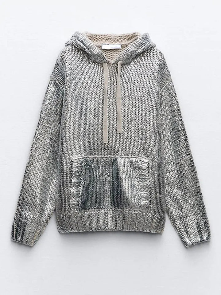Drune | Schicker Damen Kapuzenpullover mit Metallic Rippbesatz und Folie