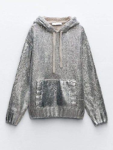 Drune | Schicker Damen Kapuzenpullover mit Metallic Rippbesatz und Folie