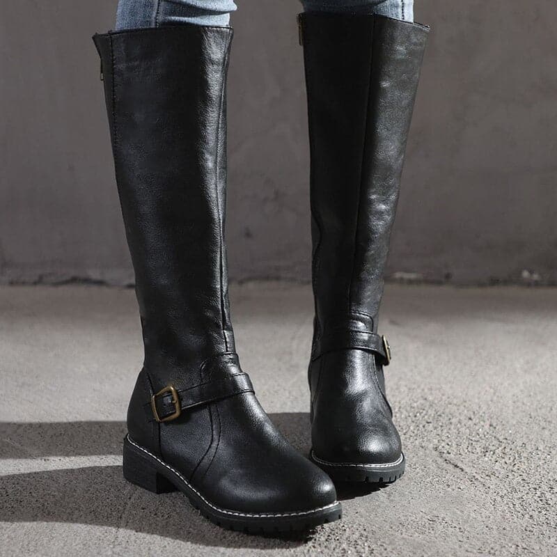 Drune | Knöchelhohe Stiefel Lederlook Elegantes Design Schnalle Und Reißverschluss Komfortabsatz
