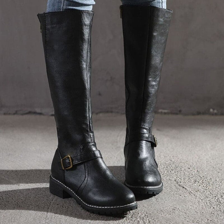 Drune | Knöchelhohe Stiefel Lederlook Elegantes Design Schnalle Und Reißverschluss Komfortabsatz