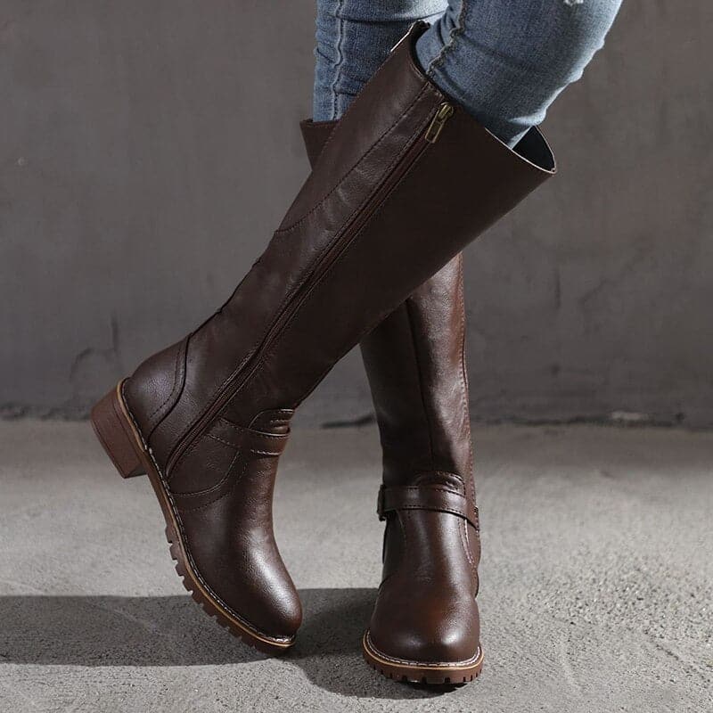 Drune | Knöchelhohe Stiefel Lederlook Elegantes Design Schnalle Und Reißverschluss Komfortabsatz