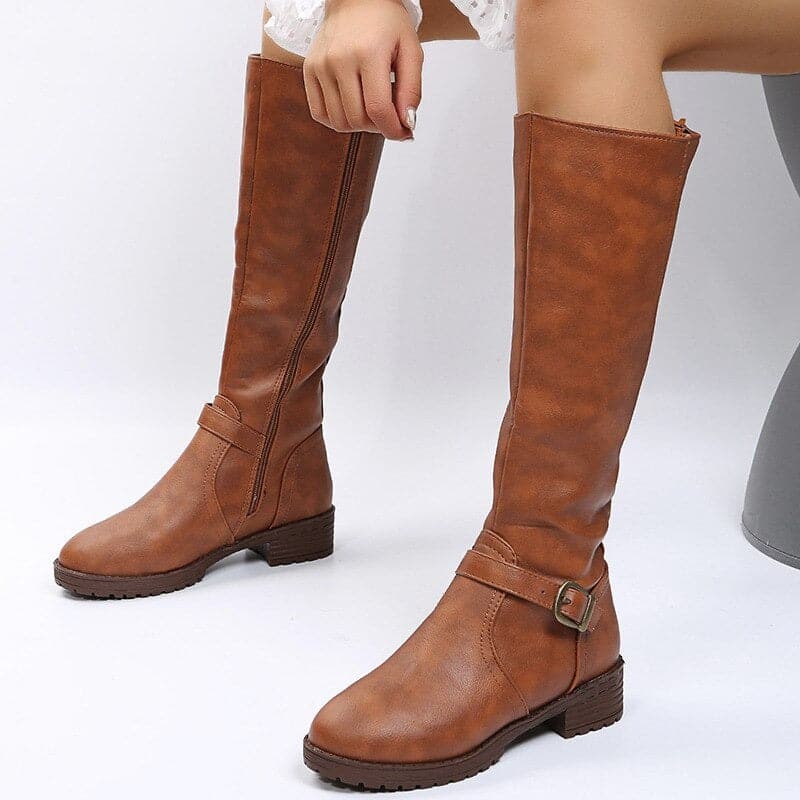 Drune | Knöchelhohe Stiefel Lederlook Elegantes Design Schnalle Und Reißverschluss Komfortabsatz