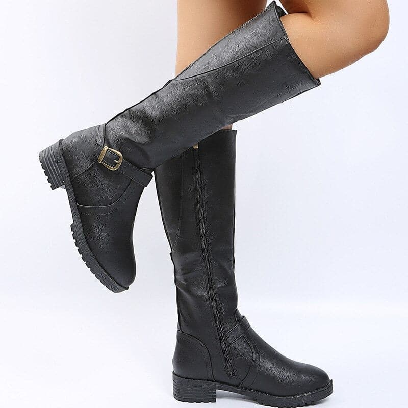 Drune | Knöchelhohe Stiefel Lederlook Elegantes Design Schnalle Und Reißverschluss Komfortabsatz