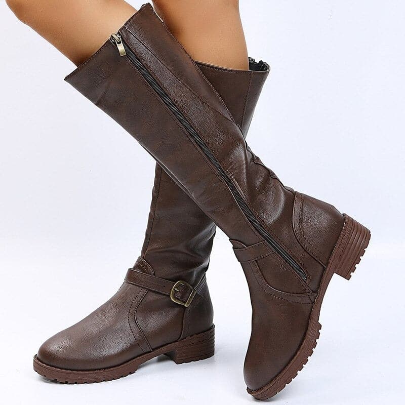 Drune | Knöchelhohe Stiefel Lederlook Elegantes Design Schnalle Und Reißverschluss Komfortabsatz