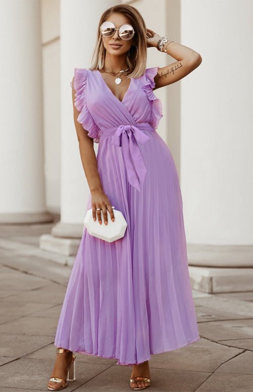 Drune | Damen Strand Sexy Lotusblatt Ärmel Chiffon Plissee Rock Einfarbig Kleid