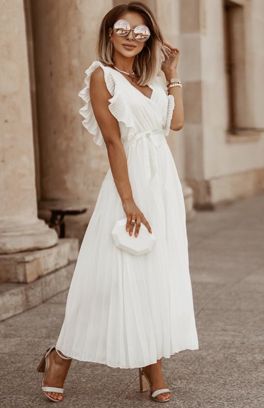 Drune | Damen Strand Sexy Lotusblatt Ärmel Chiffon Plissee Rock Einfarbig Kleid