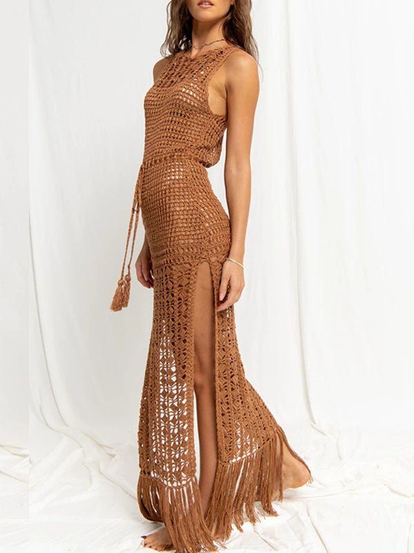 Drune | Damen Bikinioberteil Hohes Spitze Quaste Badeanzug Mantel Strand Lange Kleid