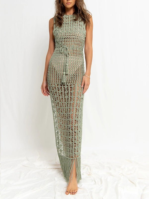 Drune | Damen Bikinioberteil Hohes Spitze Quaste Badeanzug Mantel Strand Lange Kleid