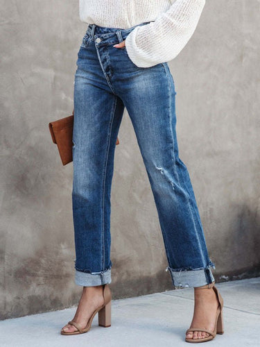 Drune | Damen Denim gewaschen High Waist modische lässige Design Taillen-Zugband-Hosen