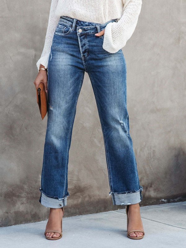 Drune | Damen Denim gewaschen High Waist modische lässige Design Taillen-Zugband-Hosen