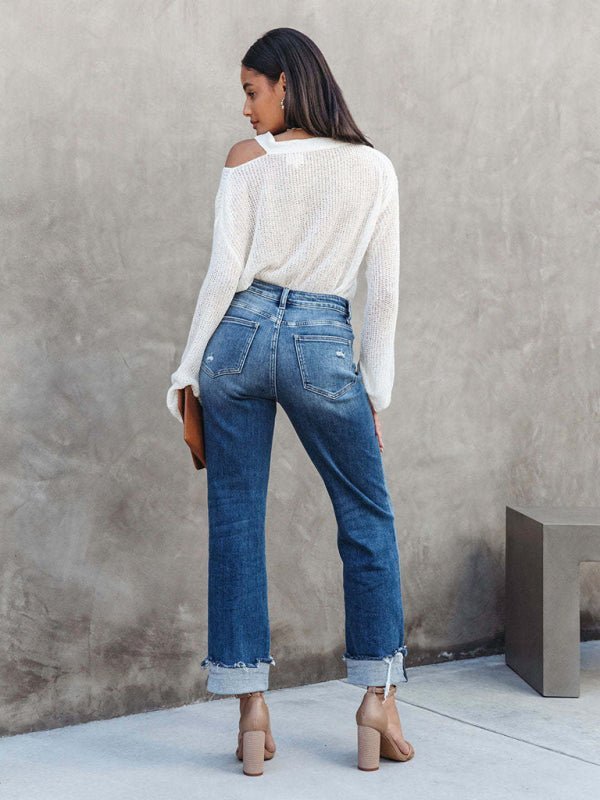 Drune | Damen Denim gewaschen High Waist modische lässige Design Taillen-Zugband-Hosen