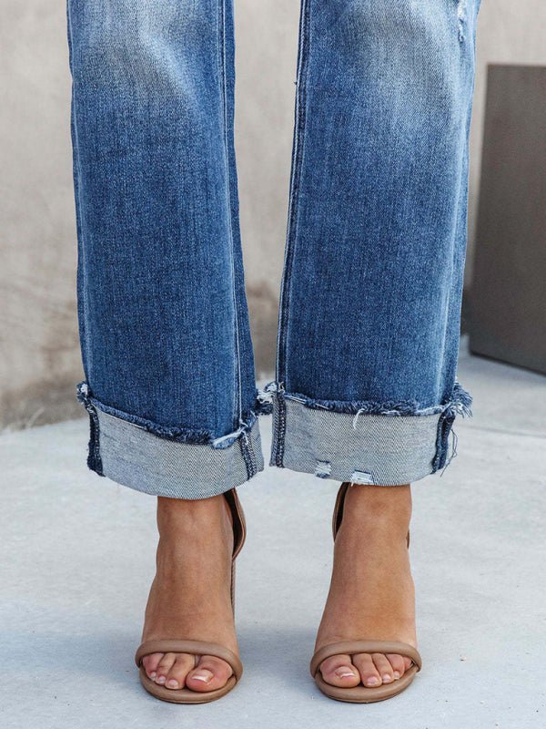 Drune | Damen Denim gewaschen High Waist modische lässige Design Taillen-Zugband-Hosen