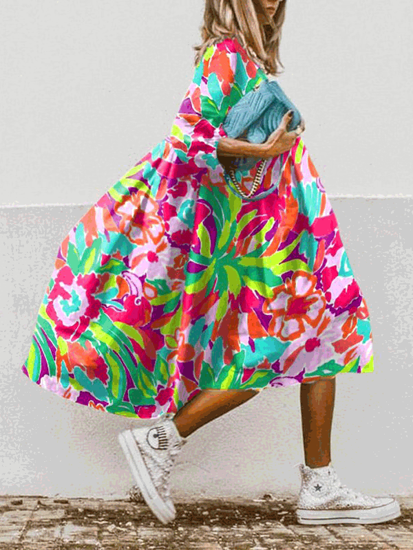 Drune | Damen Kleider Boho Print Rundhalsausschnitt Mittelarm Kleid