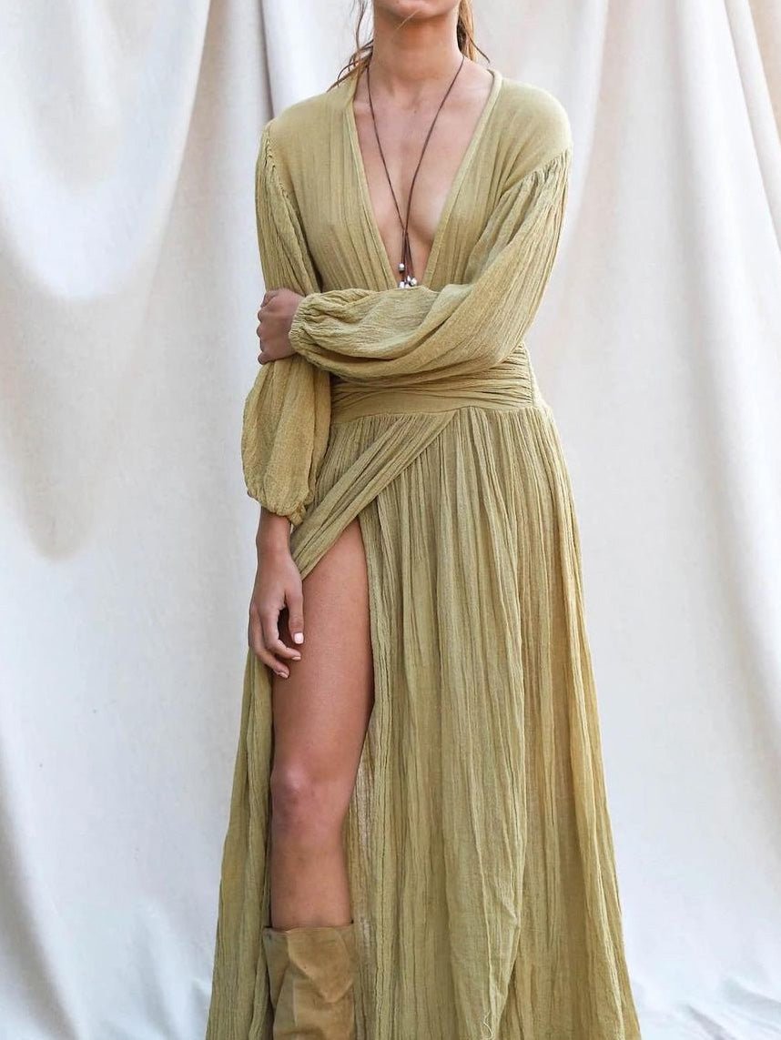 Drune | Damen Kleider Baumwolle Leinen V-Ausschnitt Ballonärmel Schlitz Kleid