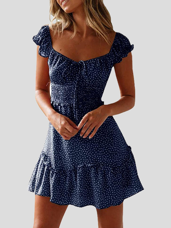 Drune | Damenkleider Blumenmuster U-Ausschnitt Knoten Rüsche Kleid
