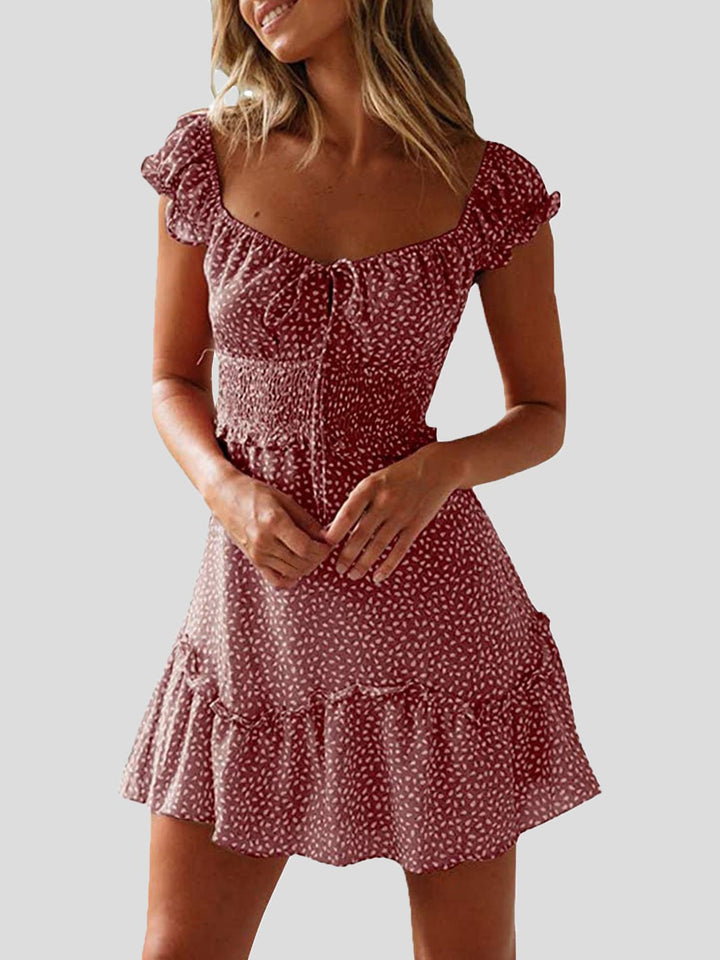 Drune | Damenkleider Blumenmuster U-Ausschnitt Knoten Rüsche Kleid
