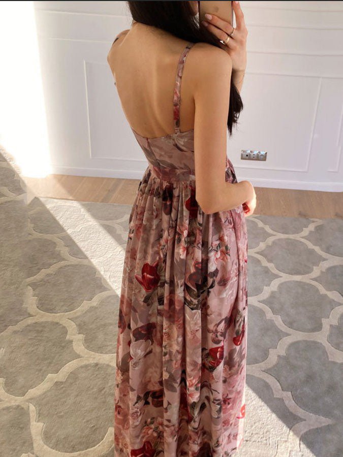 Drune | Damen Kleiderdruck Tiefer V-Ausschnitt Schlitz Trägerkleid