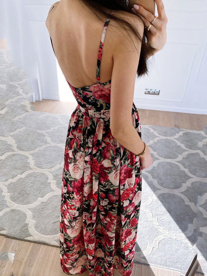 Drune | Damen Kleiderdruck Tiefer V-Ausschnitt Schlitz Trägerkleid