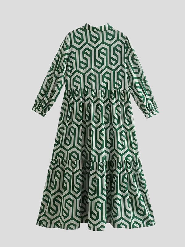 Drune | Damenkleider Bedrucktes Revers Langarmhemd Kleid