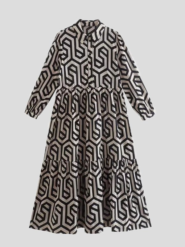 Drune | Damenkleider Bedrucktes Revers Langarmhemd Kleid