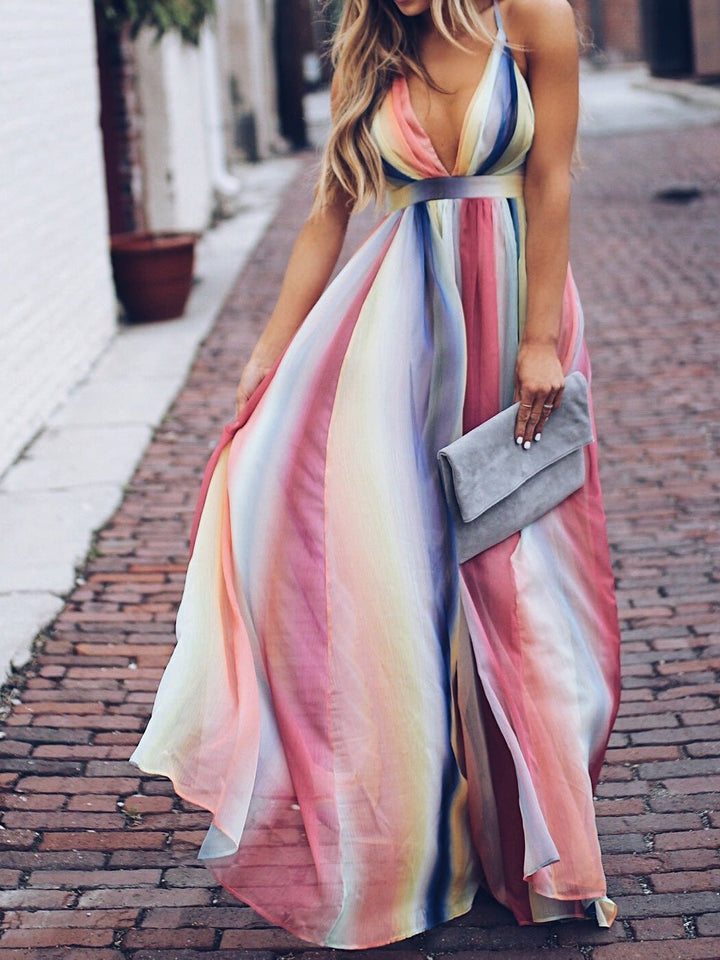 Drune | Frauen Kleider Regenbogen Druck Träger Rückfreies Kleid