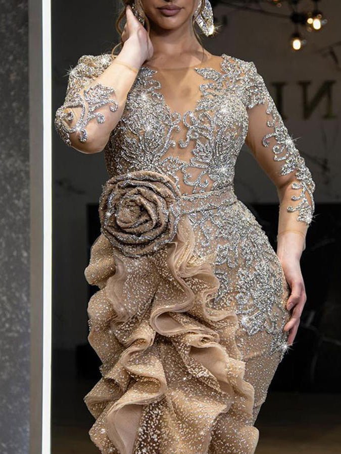 Drune | Damenkleider Glänzend Unregelmäßiger Volant Abendkleid