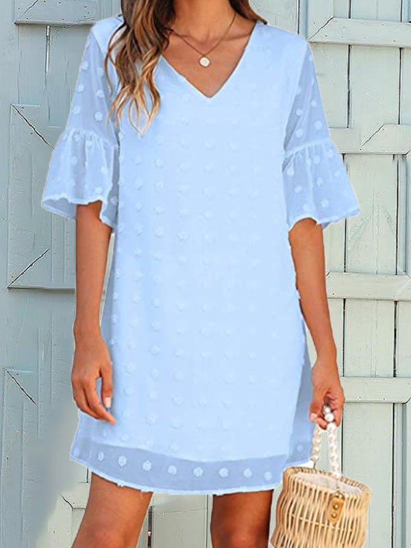 Drune | Frauen Kleider Unifarben Jacquard Punkte Chiffon Kurzarm Kleid
