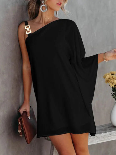 Drune | Damenkleider Solid Metallträger Off-Shoulder Puppenärmel Kleid