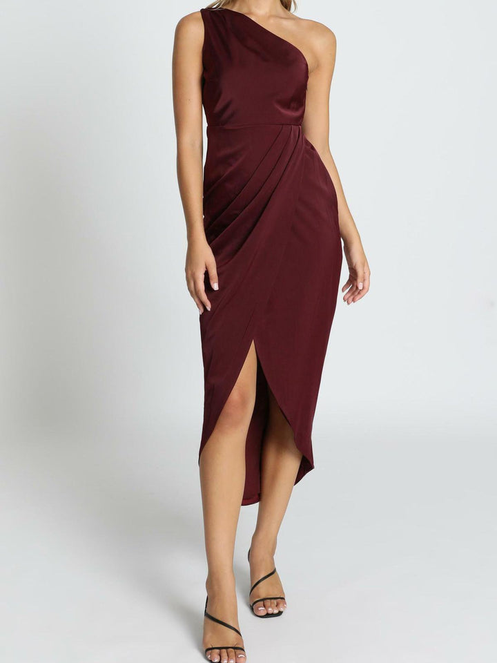 Drune | Damen Kleider Einfarbig Ein Schulter Ärmlos Unregelmäßig Schlitz Kleid