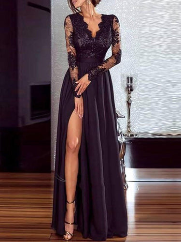 Drune | Frauen Kleider V-Ausschnitt Spitze Lange Ärmel Schlitz Abendkleid