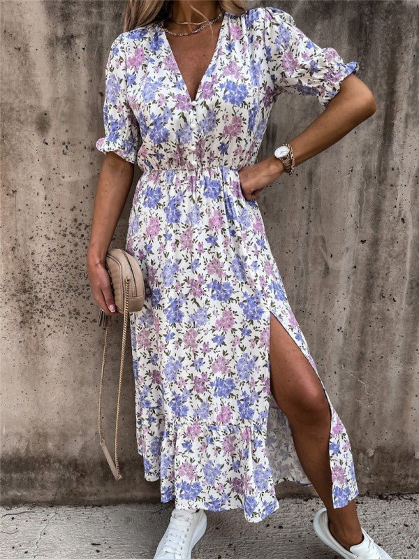 Drune | Frauen Blumenmuster Kurzarm V-Ausschnitt Kleid