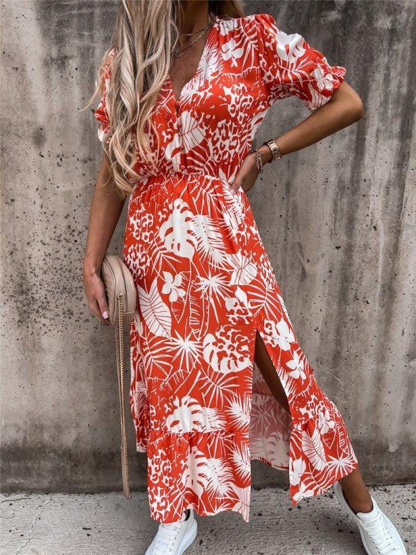 Drune | Frauen Blumenmuster Kurzarm V-Ausschnitt Kleid