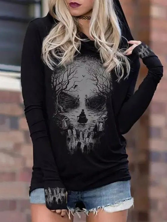 Drune | Damen Kapuzenpullover mit Totenkopfprint Langarm Kapuzenpullover