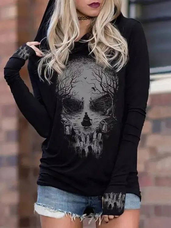 Drune | Damen Kapuzenpullover mit Totenkopfprint Langarm Kapuzenpullover