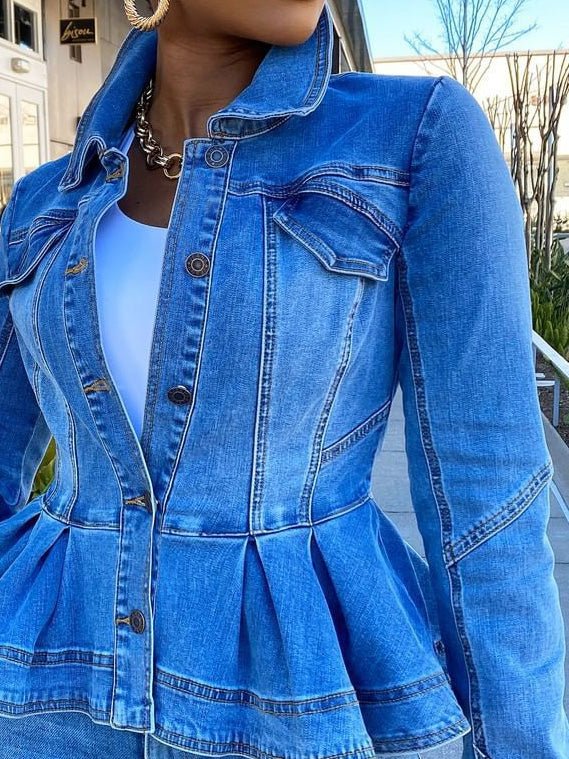 Drune | Damen Jacken Knopf Volant Lange Ärmel Denim Jacke