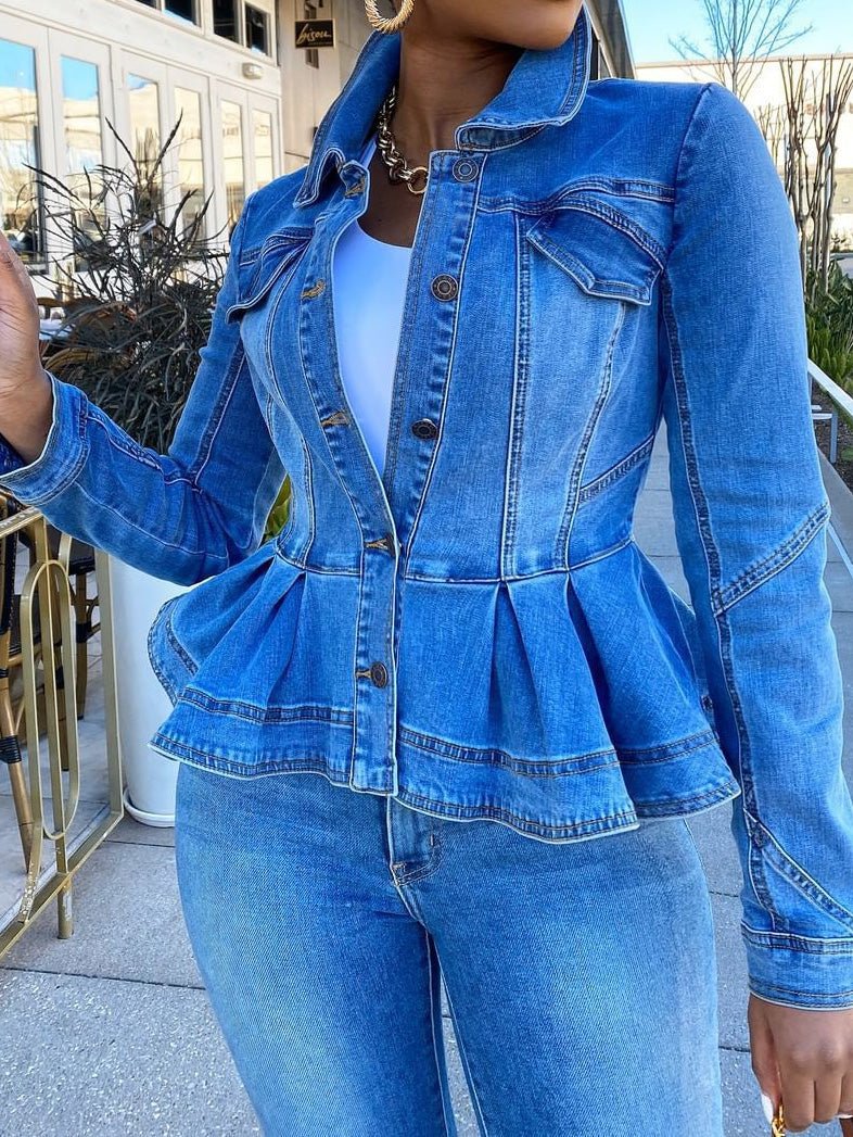 Drune | Damen Jacken Knopf Volant Lange Ärmel Denim Jacke