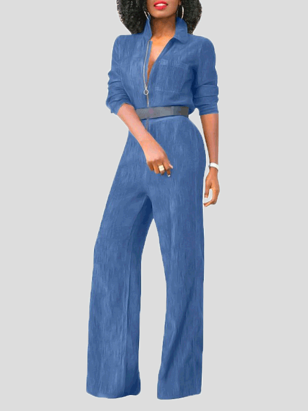 Drune | Damen Jumpsuits Klapp Reißverschluss Lange Ärmel Denim Jumpsuit