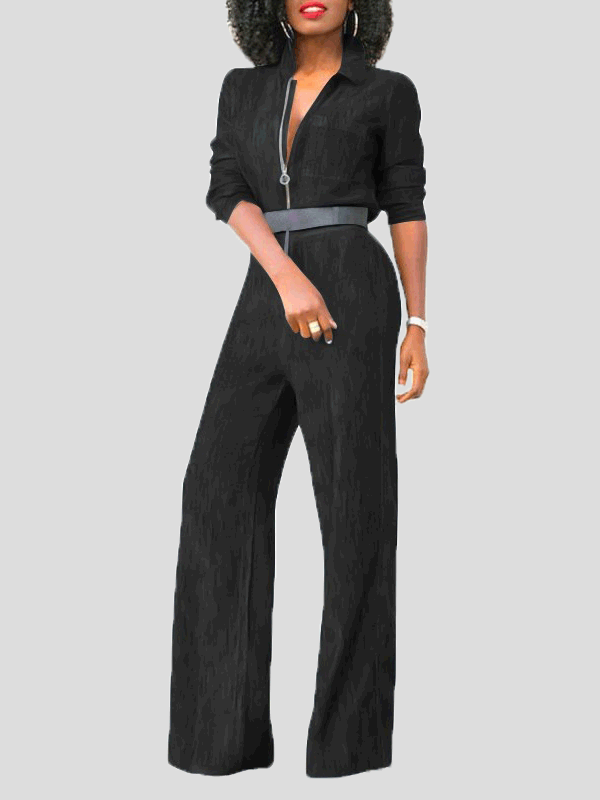 Drune | Damen Jumpsuits Klapp Reißverschluss Lange Ärmel Denim Jumpsuit