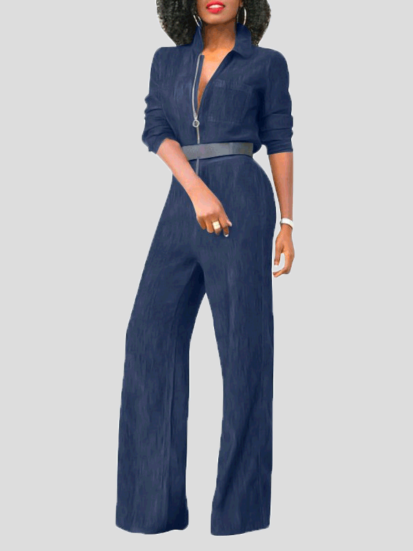 Drune | Damen Jumpsuits Klapp Reißverschluss Lange Ärmel Denim Jumpsuit