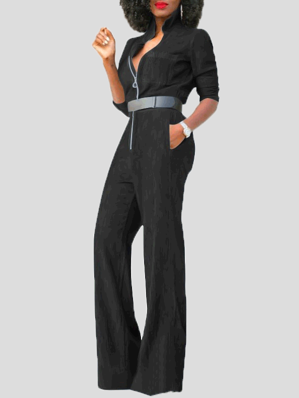 Drune | Damen Jumpsuits Klapp Reißverschluss Lange Ärmel Denim Jumpsuit