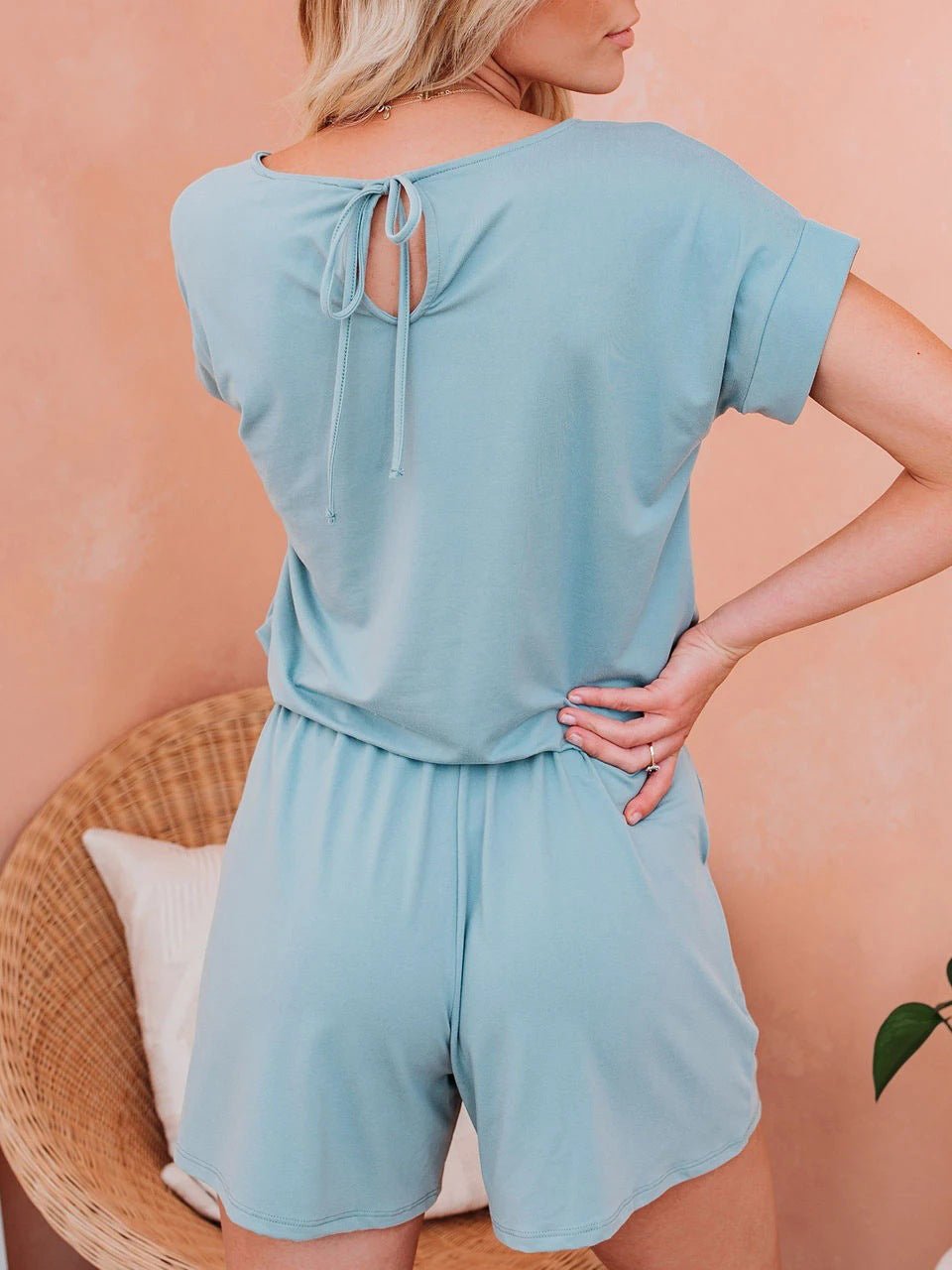 Drune | Damen Jumpsuits Solid Kurzarm Schnürverschluss Lässiger Jumpsuit
