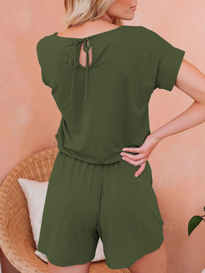 Drune | Damen Jumpsuits Solid Kurzarm Schnürverschluss Lässiger Jumpsuit