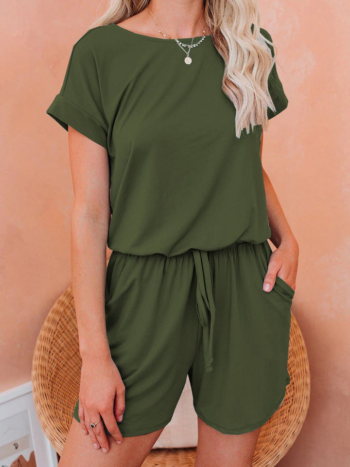 Drune | Damen Jumpsuits Solid Kurzarm Schnürverschluss Lässiger Jumpsuit