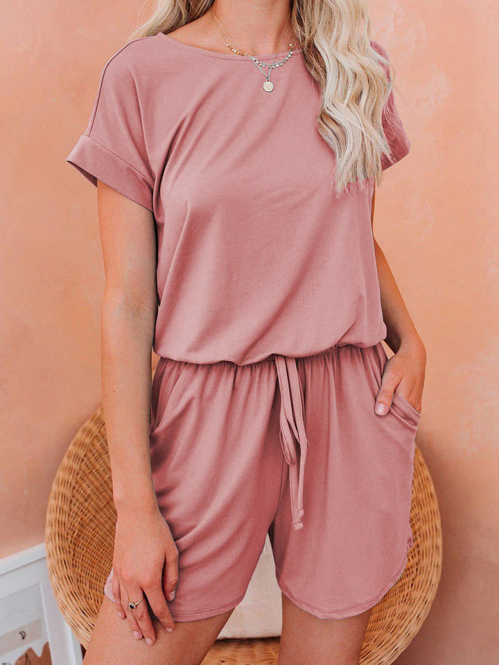 Drune | Damen Jumpsuits Solid Kurzarm Schnürverschluss Lässiger Jumpsuit