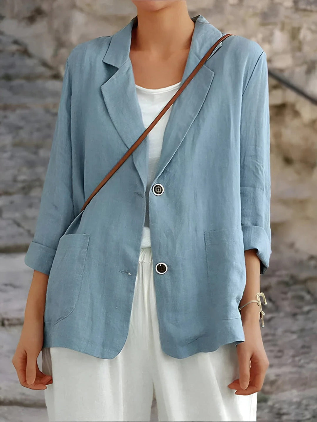 Drune | Blazer Relaxed Fit Naturfasern 3/4 Ärmel Patch Taschen Mittellang