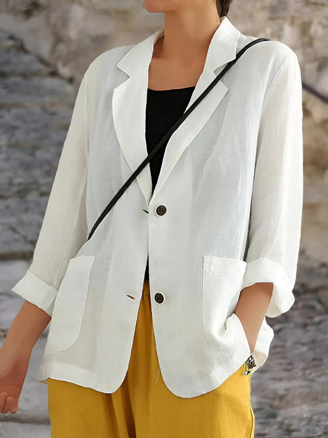 Drune | Blazer Relaxed Fit Naturfasern 3/4 Ärmel Patch Taschen Mittellang