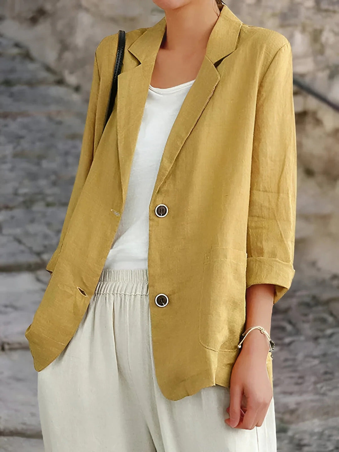 Drune | Blazer Relaxed Fit Naturfasern 3/4 Ärmel Patch Taschen Mittellang