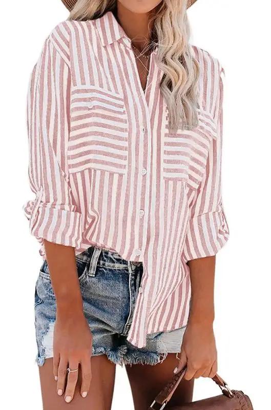 Drune | Damen Leinen Baumwolle Gewaschen Wasserstreifen Einreihiges Langarmshirt Damen