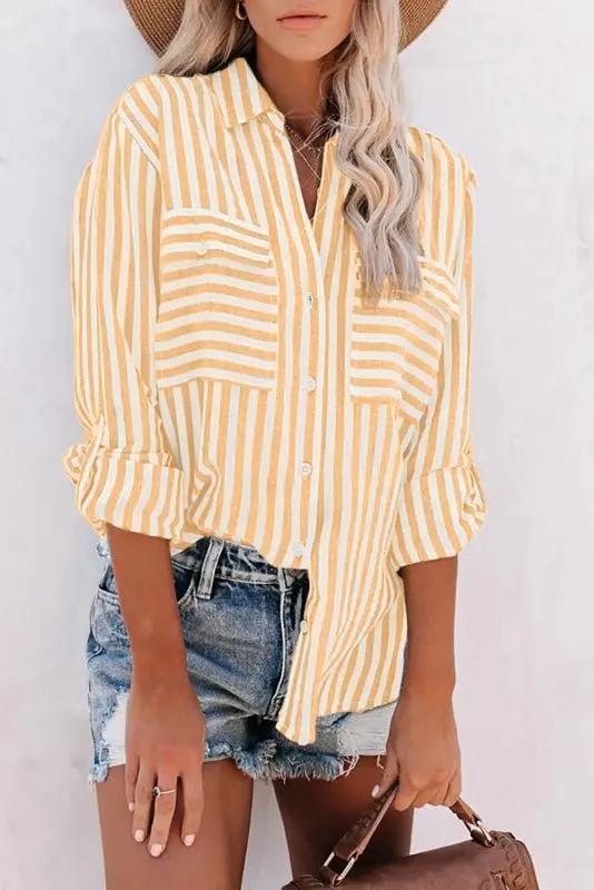 Drune | Damen Leinen Baumwolle Gewaschen Wasserstreifen Einreihiges Langarmshirt Damen